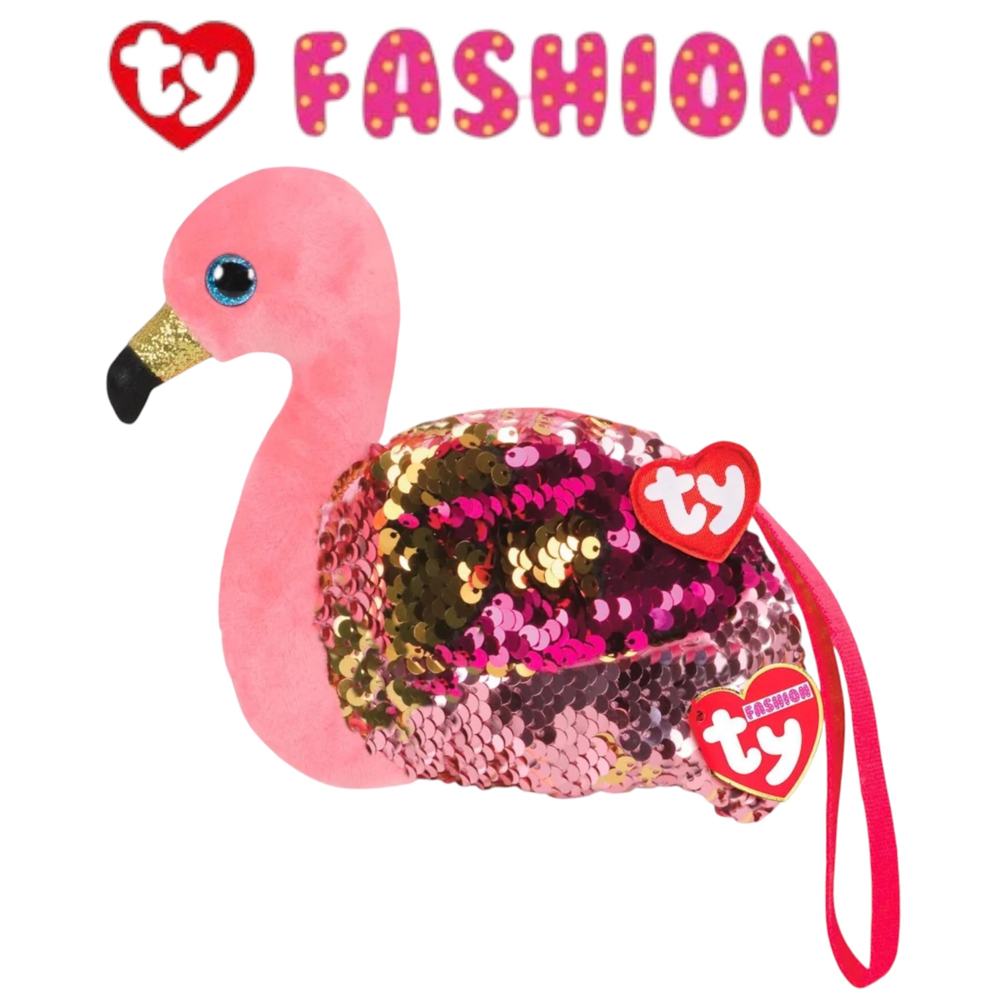TY Fashion Gear (20 cm) Pochette Peluche Portamonete con paillettes Gilda The Pink Flamingo Borsa fenicottero da collezione