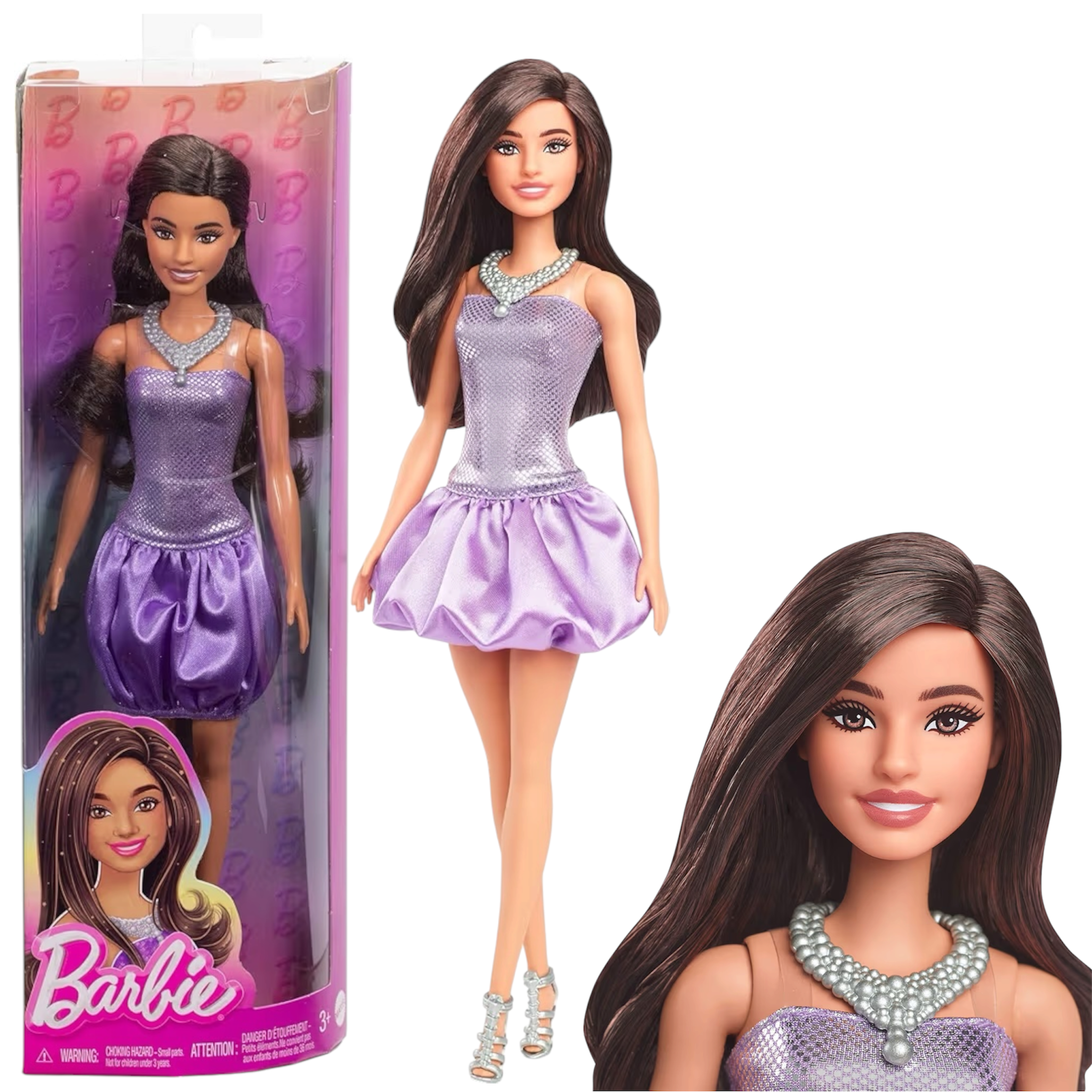 Mattel Barbie Fashionistas 234 HYT92 Bambola con Capelli Marroni, Abito Viola con Paillettes e Accessori