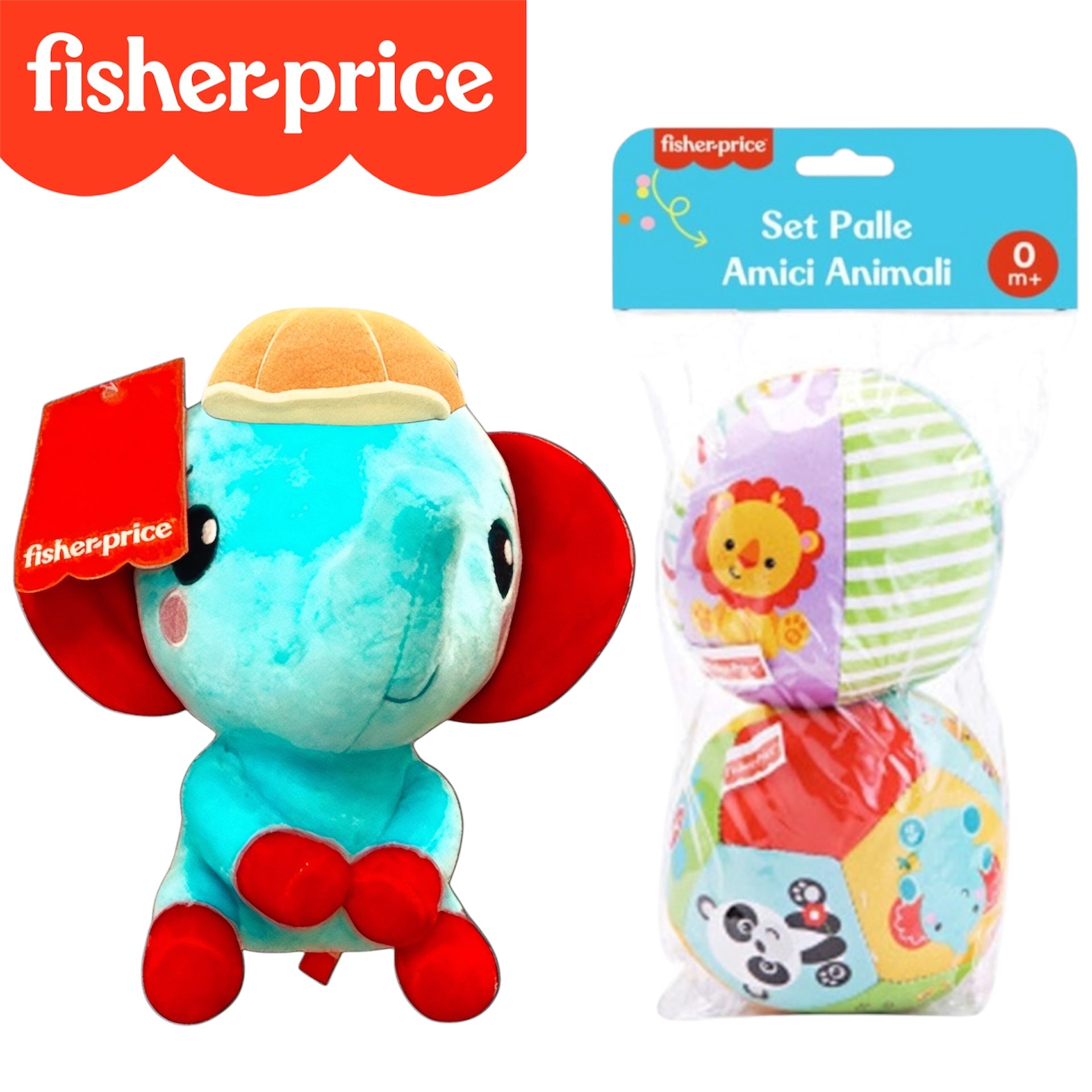 Fisher-Price Set 2 Palle Amici Animali in Tessuto e Elefante Peluche 20 cm Morbido