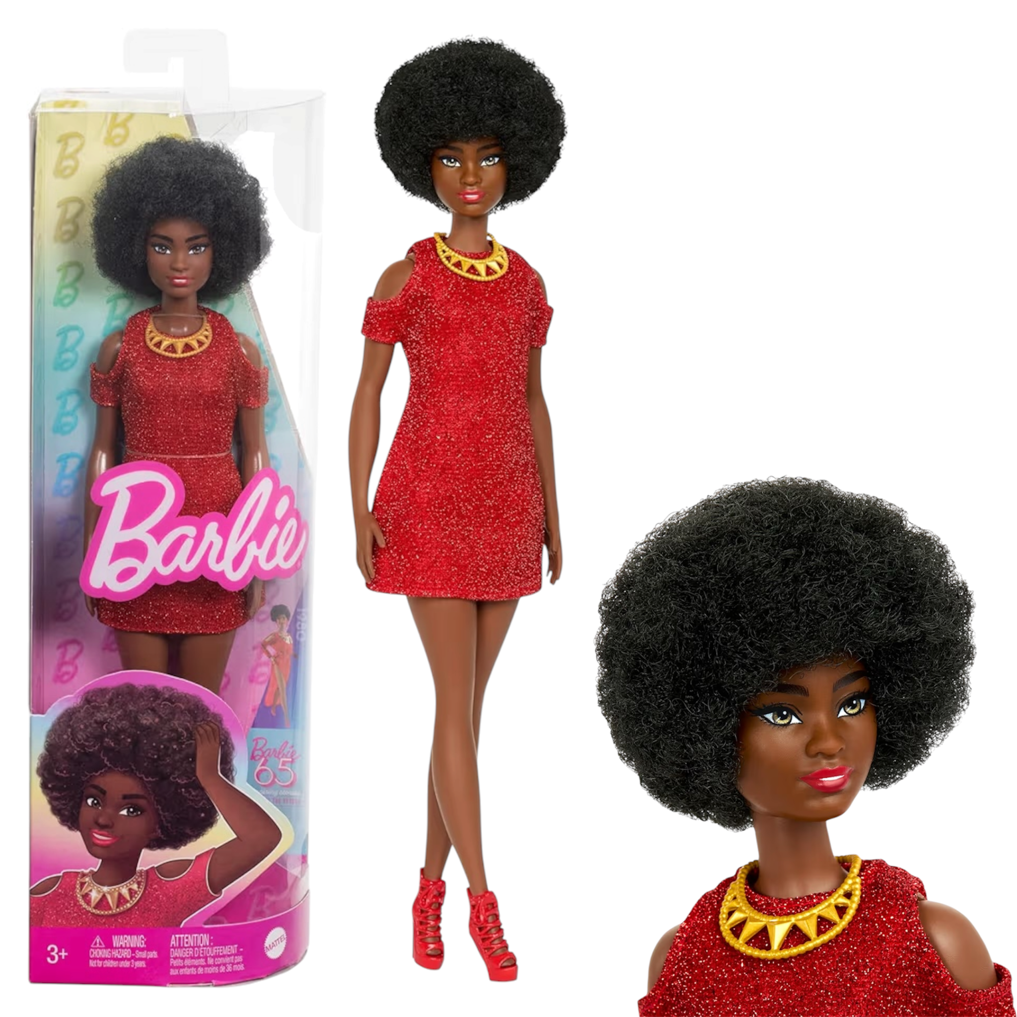 Mattel Barbie Fashionistas 221 HRH18 65° Anniversario Bambola con Capelli Neri, Abito Rosso Stile Anni ’80 e Accessori Moderni