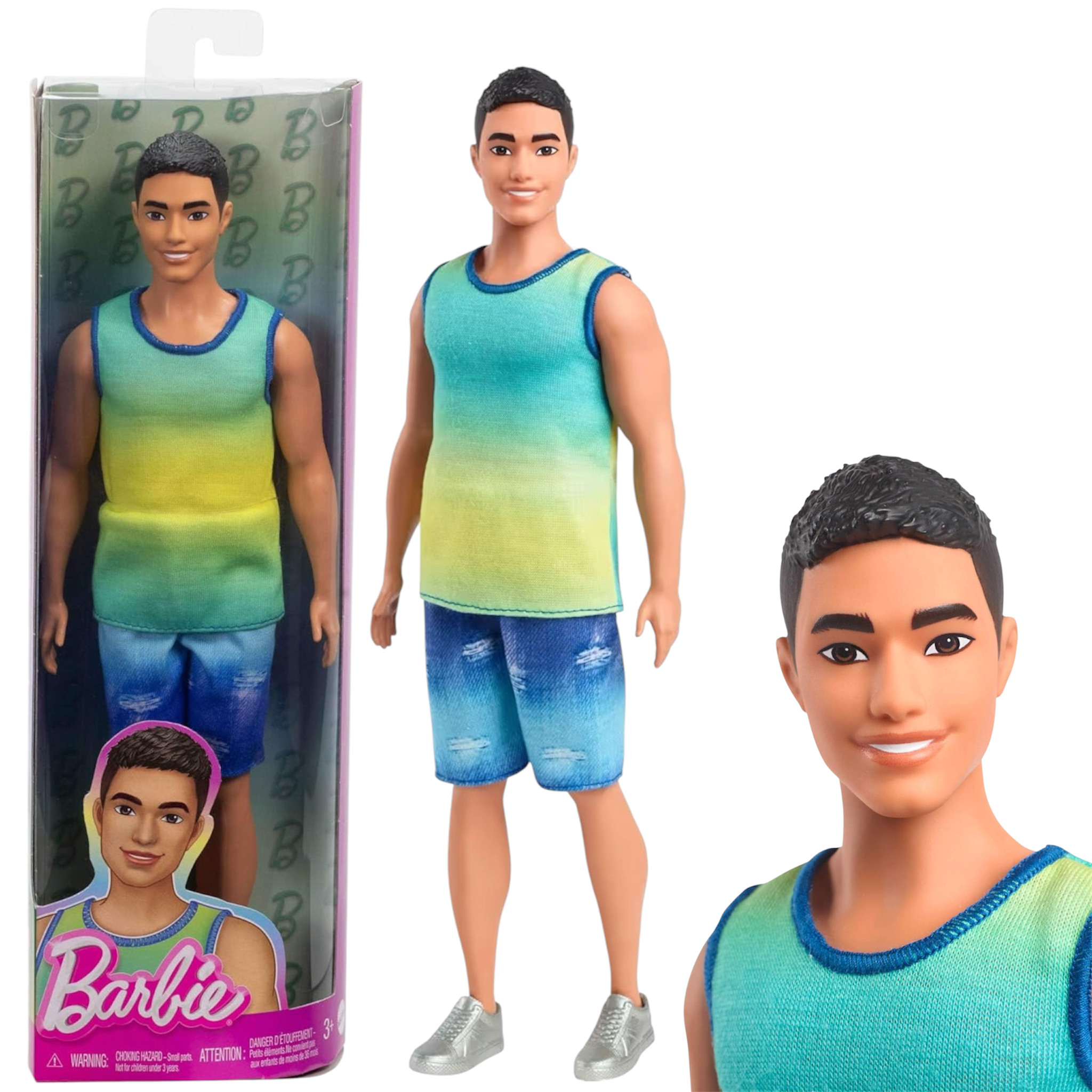 Mattel Barbie Ken Fashionistas 236 HYV00 con Capelli Neri, Canotta Sfumata e Shorts Jeans