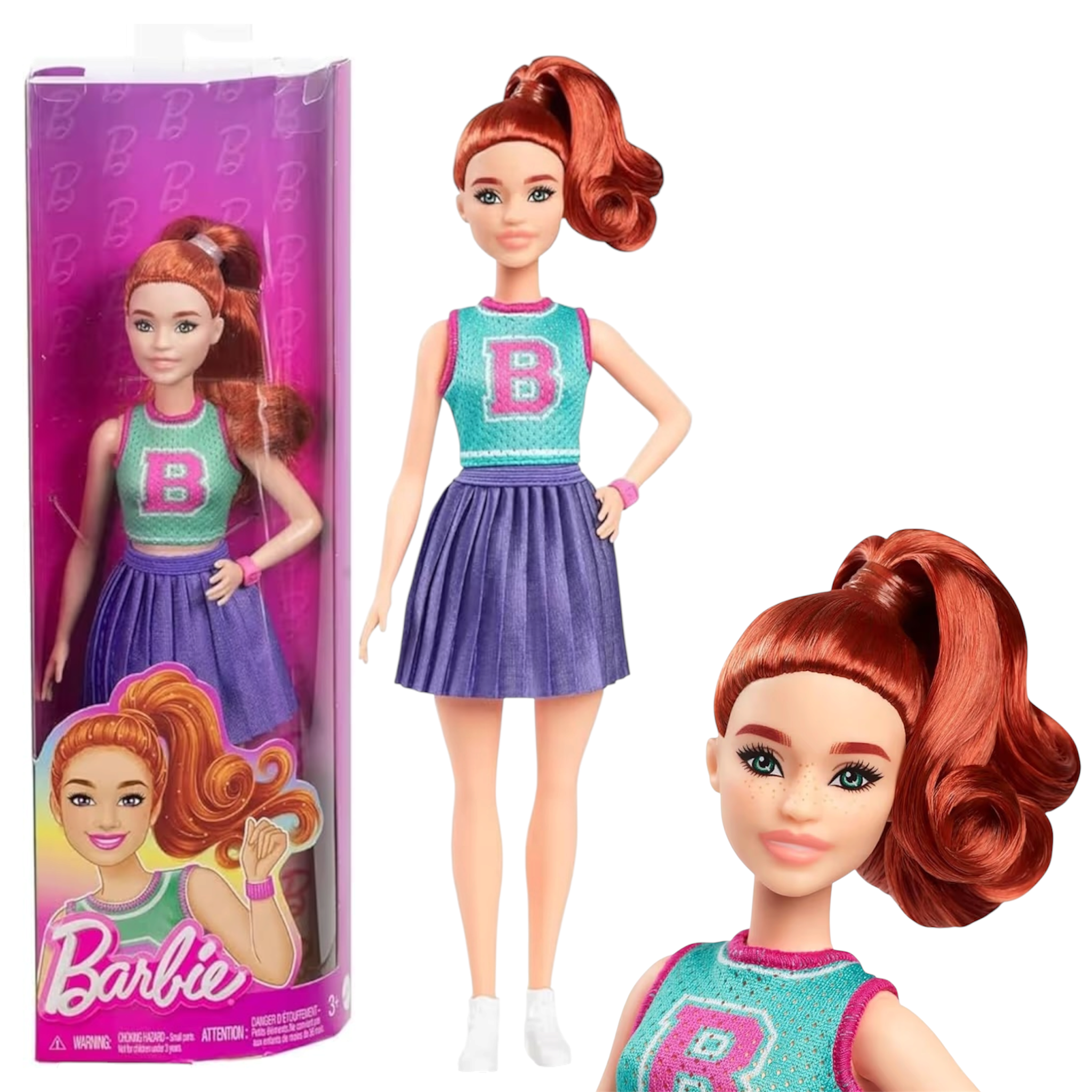 Mattel Barbie Bambola Fashionistas n. 232 con capelli rossi, top sportivo in jersey con lettera B, gonna viola plissettata, orologio e sneaker, giocattolo per bambini, 3+ anni, HYT90