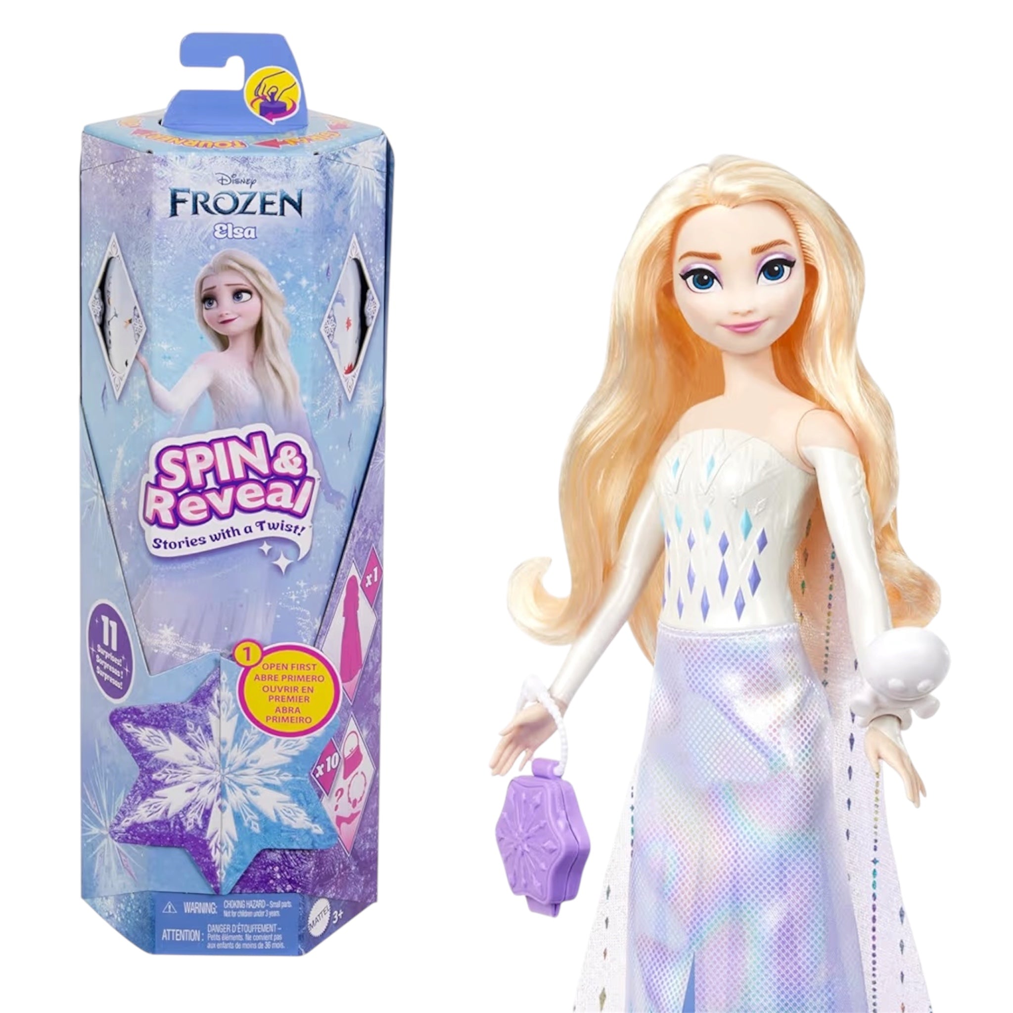 Mattel Disney Frozen Elsa Spin & Reveal bambola con funzione Spin & Reveal, 11 sorprese da scoprire, 5 accessori e 5 adesivi inclusi, look ispirato al film