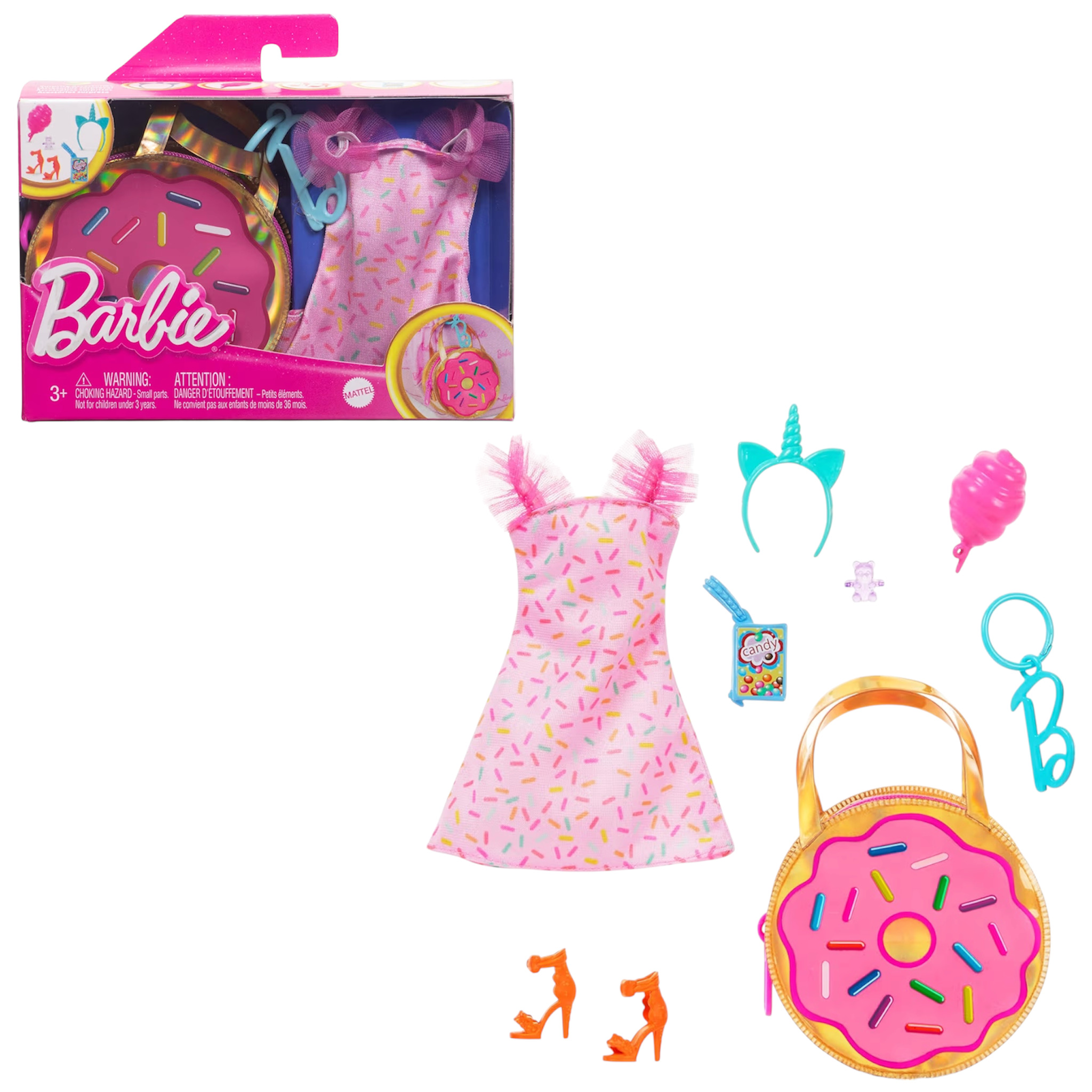 Mattel Barbie Vestiti e borsa portachiavi a ciambella deluxe con vestito rosa e accessori a tema caramelle per bambole