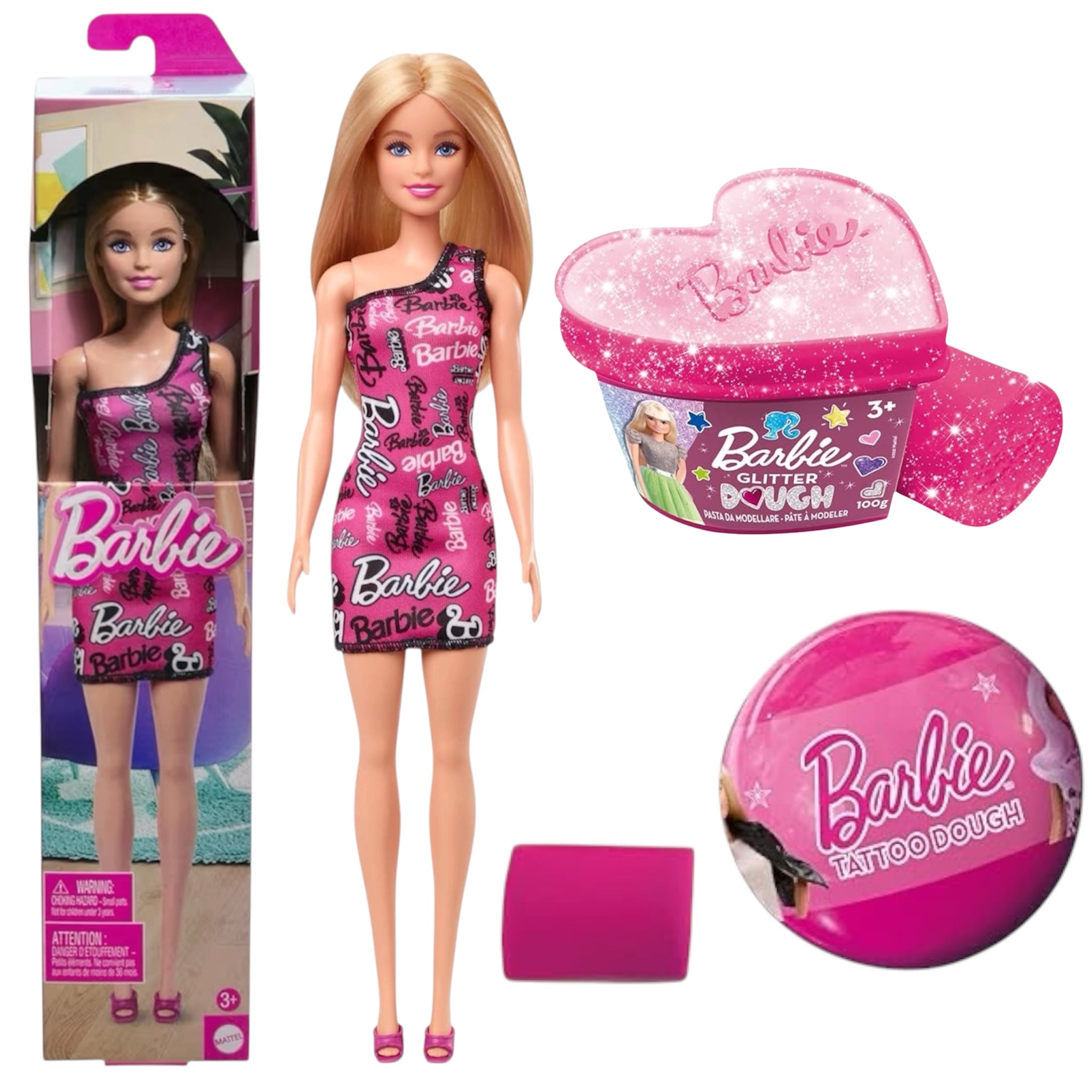 Mattel Barbie Bionda con Abito Rosa e Cuore Plastilina Glitter, Tatuaggi Barbie Colore Casuale