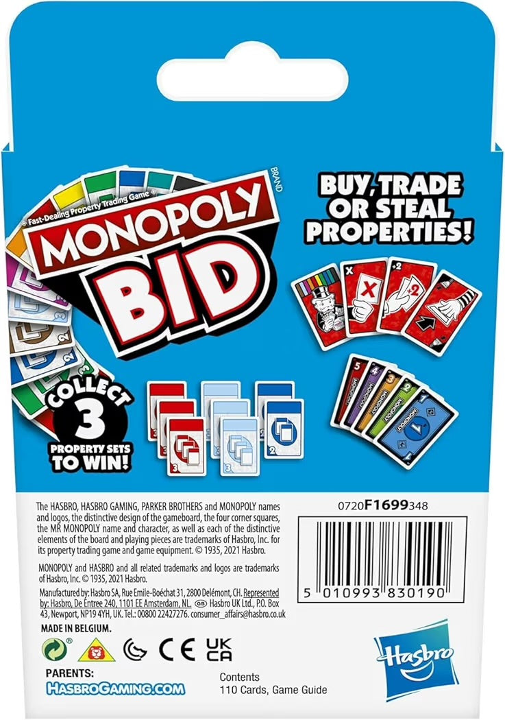 Hasbro Monopoly Bid Gioco di Carte Rapido per Famiglie Divertente e strategico, ideale per famiglie e bambini