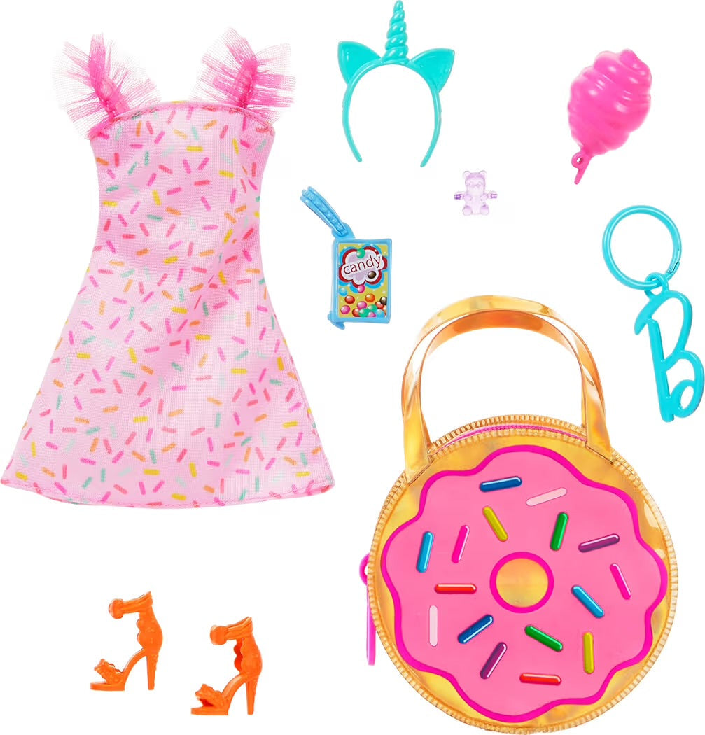 Mattel Barbie Vestiti Deluxe e Borsette Ciambella Donut, Arcobaleno e Sunglasses Set Abbigliamento Pigiama Party ed Estate