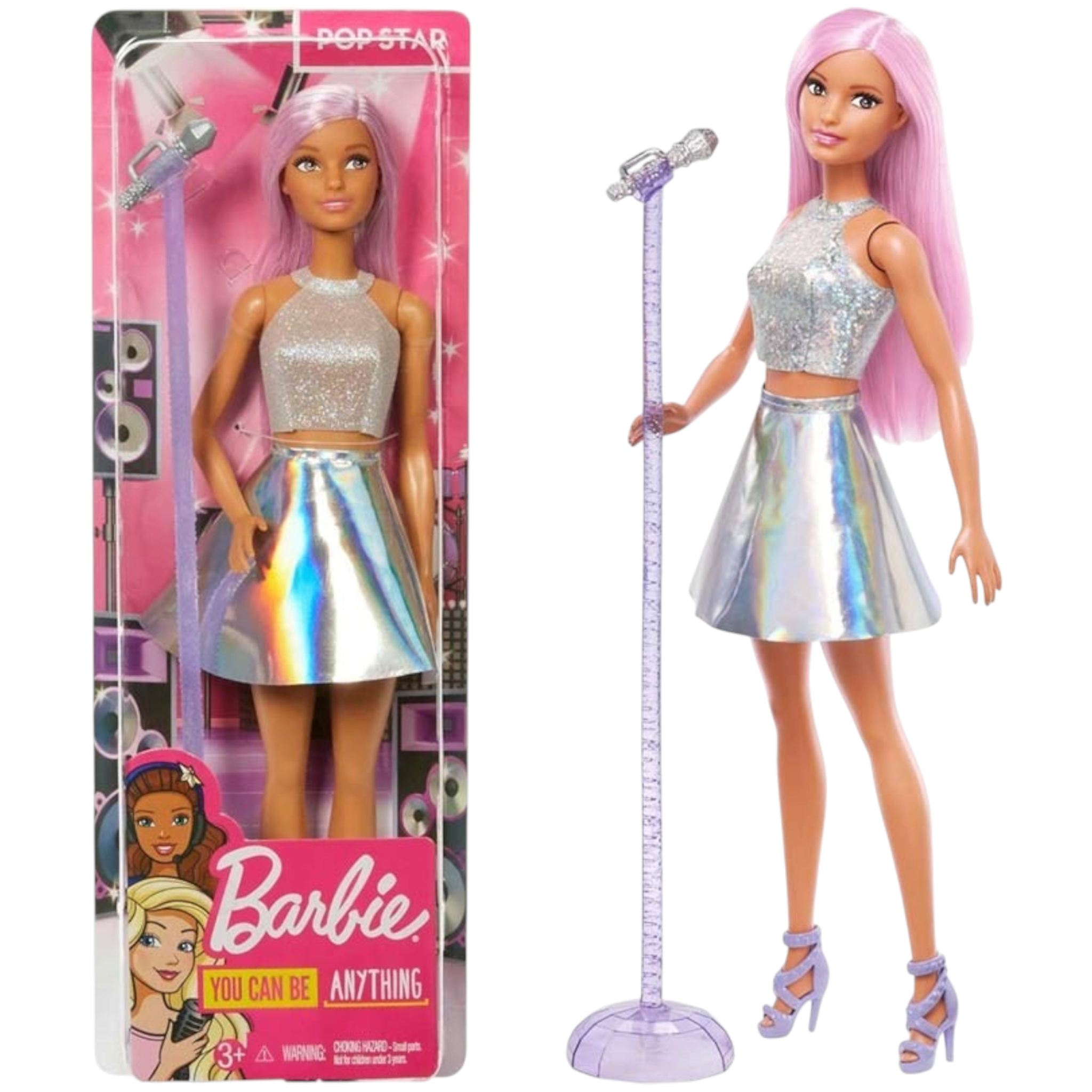 Mattel Barbie Carriere Pop Star con Microfono, Bambola Capelli Rosa e Abiti Argento, Giocattolo per bambini 3+ Anni, FXN98