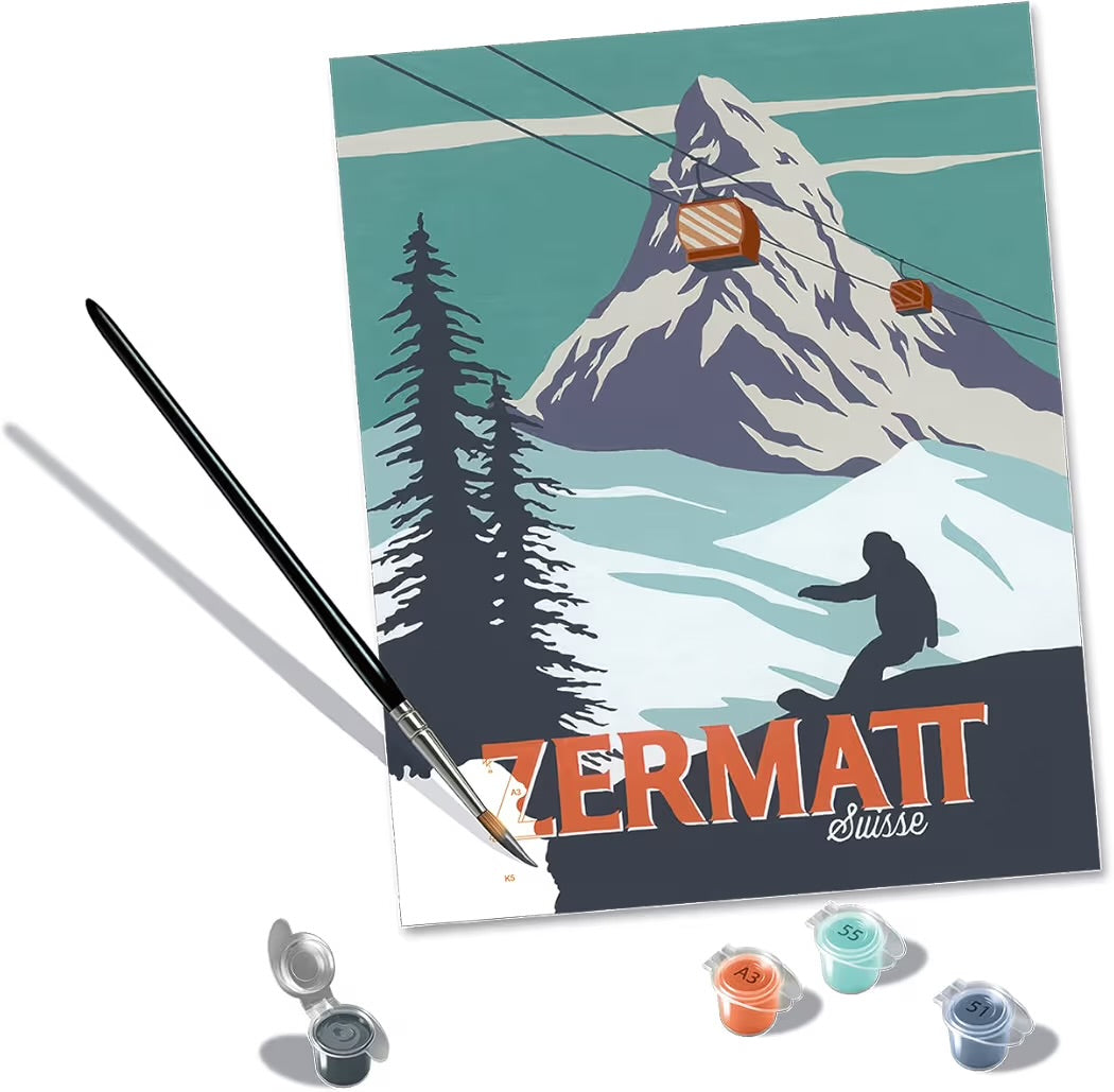 Ravensburger CreArt Zermatt in Svizzera Kit per Dipingere con i Numeri Contiene Tavola Prestampata 24x30 cm, Pennello, Colori e Accessori, Gioco Creativo per Adulti 14+ Anni