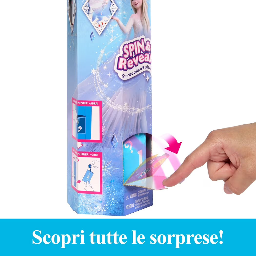 Mattel Disney Frozen Elsa Spin & Reveal bambola con funzione Spin & Reveal, 11 sorprese da scoprire, 5 accessori e 5 adesivi inclusi, look ispirato al film