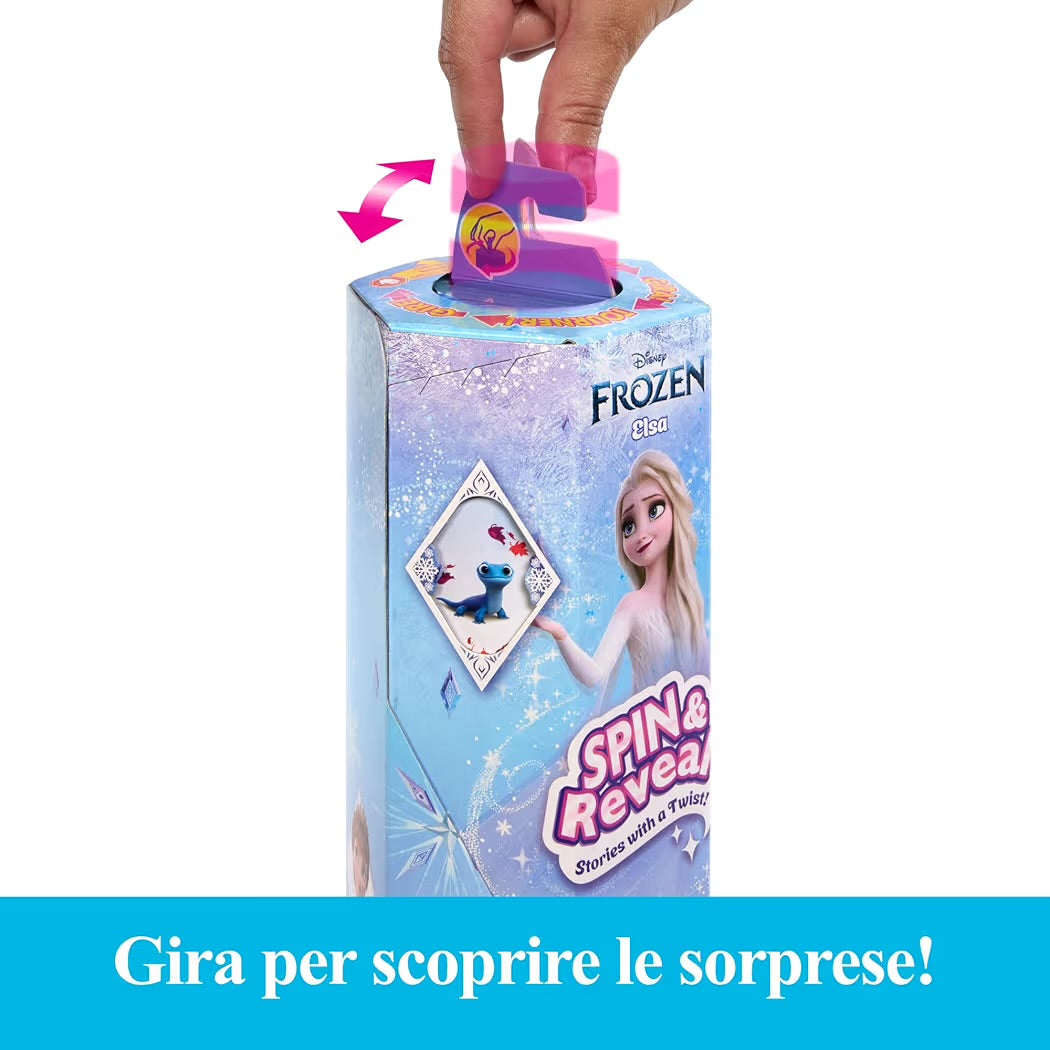 Mattel Disney Frozen Elsa Spin & Reveal bambola con funzione Spin & Reveal, 11 sorprese da scoprire, 5 accessori e 5 adesivi inclusi, look ispirato al film
