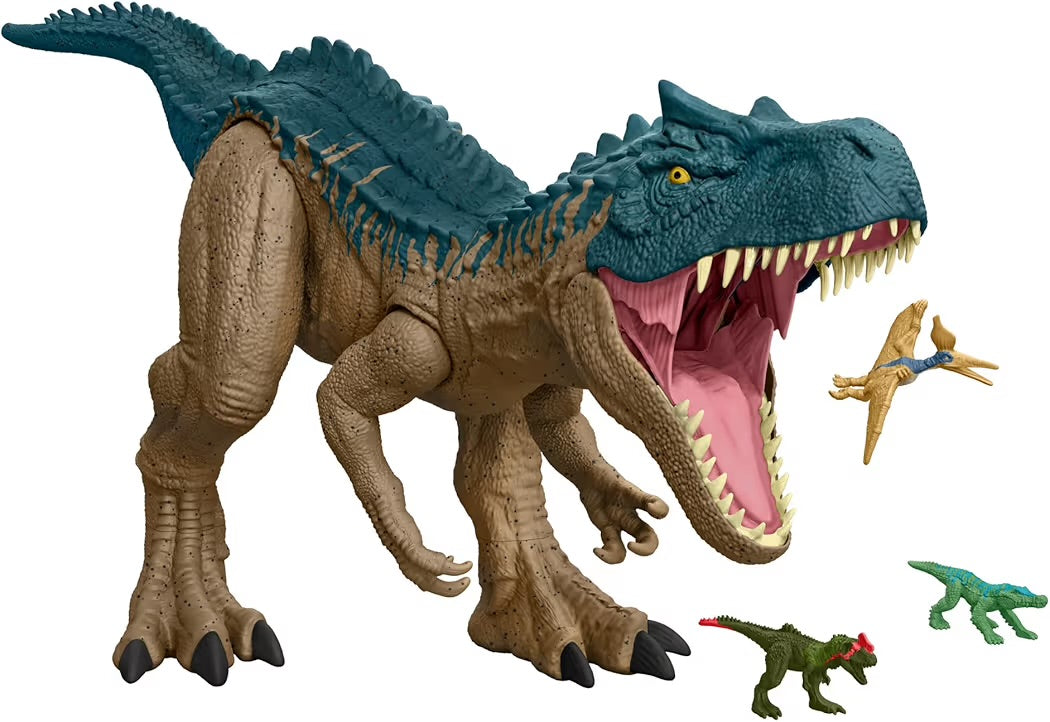 Mattel Jurassic World Teoria del Caos Allosauro Super Colossale dinosauro extra-large lungo 97 cm con dorso acuminato in grado di inghiottire 20 mini dinosauri 4+ anni, HRX53