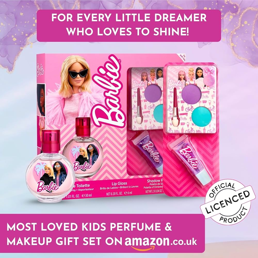 Barbie Set regalo per il trucco dei bambini Eau de Toilette 30ml profumo fruttato floreale, lucidalabbra e palette di ombretti