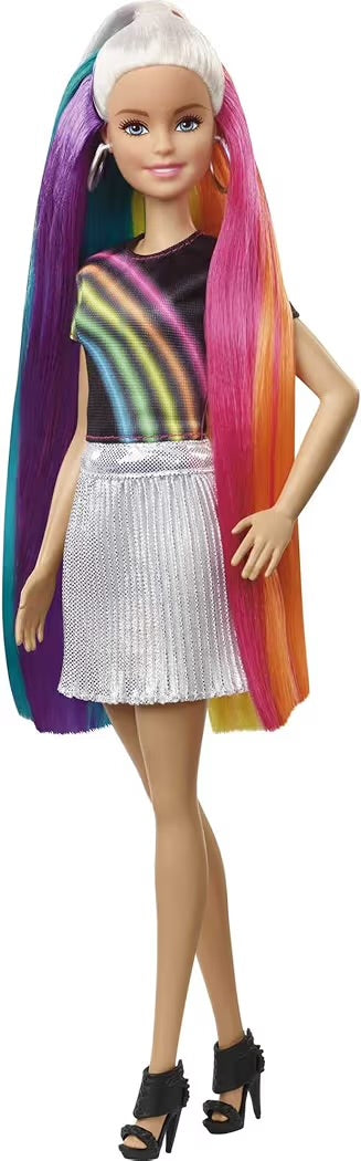 Mattel Barbie Bambola con Capelli Lunghi Arcobaleno e Tanti Accessori FXN96
