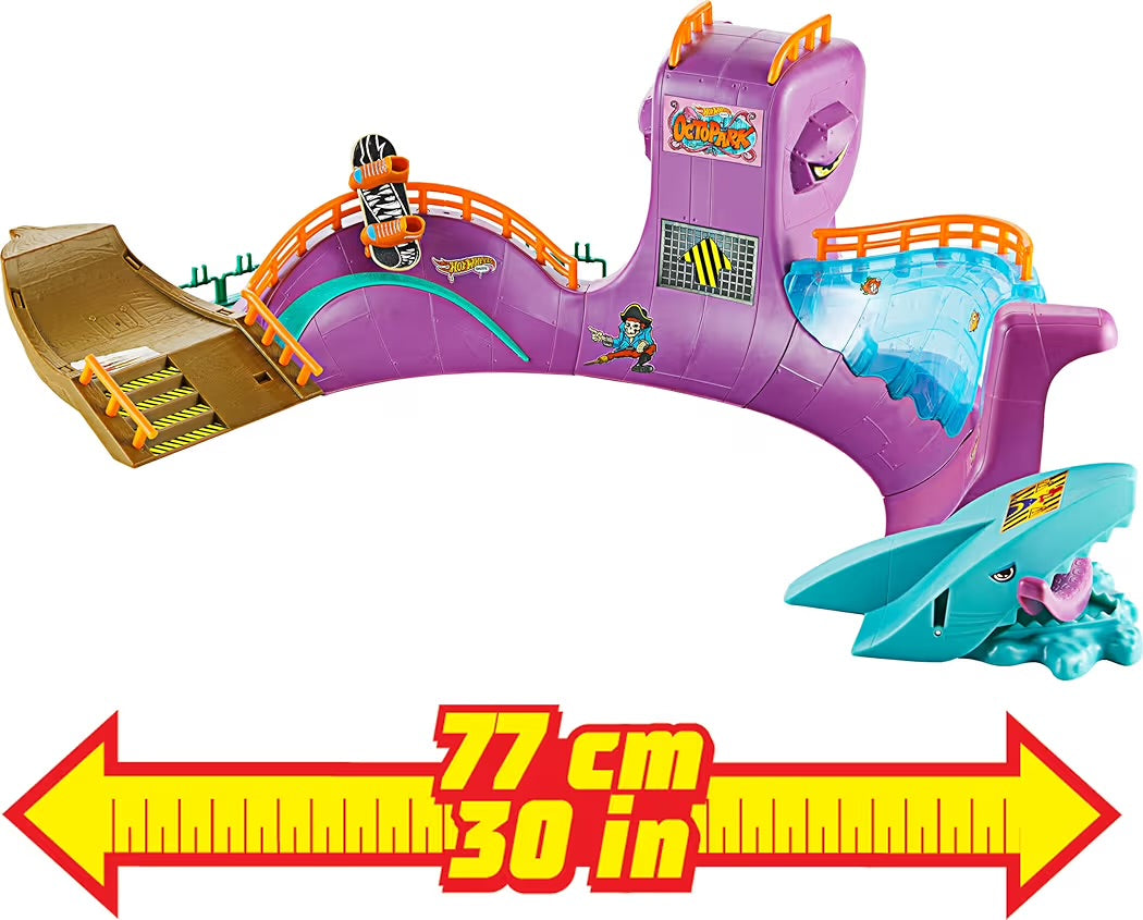 Mattel Hot Wheels Skate Octopus Skatepark con fingerboard e un paio di scarpe da skate rimovibili Set da gioco skateboard e scarpe